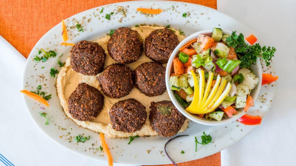 Falafel Platter · Ground chickpeas and parsley. Served with hummus and shepherd salad.