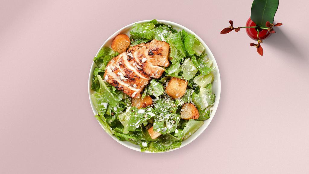 Chicken Caesar Salad · Grilled chicken, romaine, croutons, Parmesan cheese, and creamy Caesar dressing.