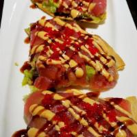 Sashimi Pizza · Choice of tuna, salmon, or yellowtail on grilled tortilla, topped with guacamole, spicy mayo...