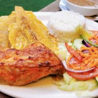 Pollo Al Horno Monday Special · Baked chicken. With choice of rice, fried sweet plantains, choice of side and lentil or beans.