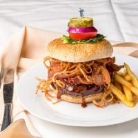 Tavern Burger · Toasted bun, topped with crispy onion, bacon, cheddar cheese, and barbeque sauce.