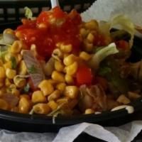 Chicken Bowl · Served with rice, beans, queso, salsa, cheese, sour cream, guacamole & Lettuce. Includes Tor...