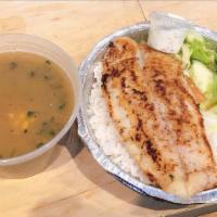 Sancocho De Pescado / Fish Soup (Viernes / Friday) · Con filete de pescado asado, arroz amarillo, ensalada de la casa salsa tartara. / With grill...