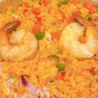 Arroz Con Camarones / Shrimp And Rice · Yellow rice with vegetables and grilled shrimp