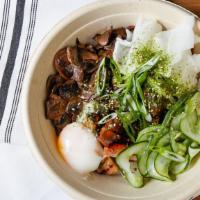 Tokyo · Grilled chicken, scallions, mushrooms, poached egg, cucumber salad, and smoked teriyaki sauce.