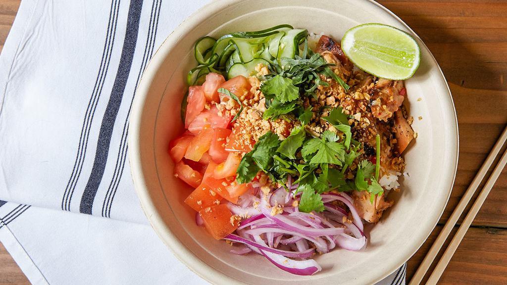 Saigon · Grilled chicken, sweet chili lime fish sauce, cucumbers, red onions, tomatoes, Thai basil, PEANUTS, garlic, lime, cilantro.