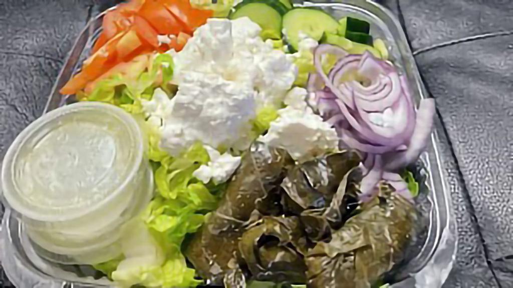 Greek Salad · Romaine lettuce, tomatoes, cucumber, feta cheese, red onion, and stuffed grape leaves.