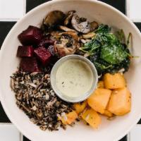 Baba Bowl · roasted butternut squash, sautéed kale, pickled beets, rosemary mushrooms, wild rice, sunflo...