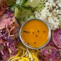 Cool Bowl · lime chili cucumber, summer squash noodles, coconut cauliflower rice, slaw, carrot miso dres...