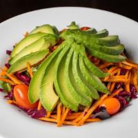 Avocado Salad · Lettuce, red cabbage, tomatoes, carrot, tossed with balsamic dressing.