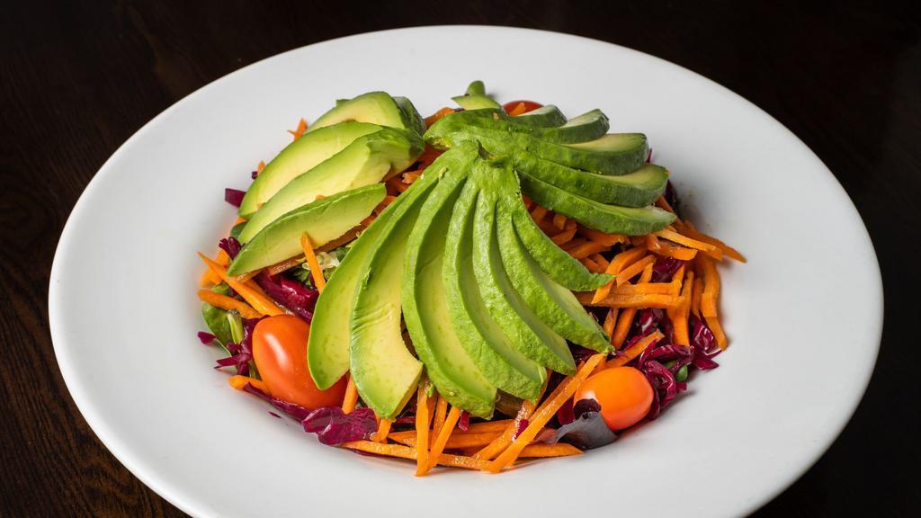 Avocado Salad · Lettuce, red cabbage, tomatoes, carrot, tossed with balsamic dressing.