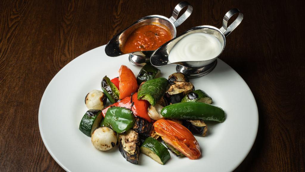 Grilled Vegetables · Eggplant, zucchini, green pepper, onion, mushrooms, served with rice and garlic yogurt & marinara sauce on the side