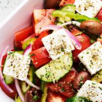 Greek Salad · Vegetarian. Vine ripened tomatoes, red onions, green peppers, cucumber, Kalamata olives in 1...