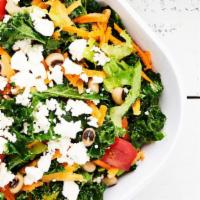 Kale Salad · Vegetarian. Kale, tomatoes, carrots, black eyed peas, feta cheese, GRK herb vinaigrette.