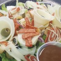 Chef'S Salad · Lettuce, tomato, onions, green peppers, green and black olives, ham, turkey, roast beef, swi...