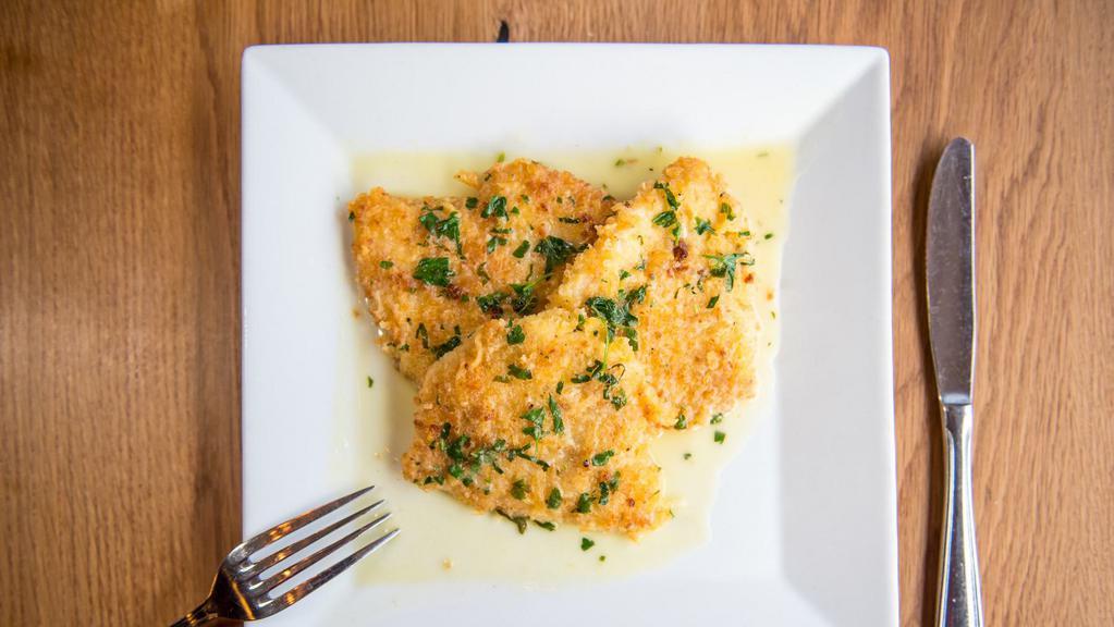Chicken Martini · Parmesan-crusted chicken breast, in a lemon white wine sauce.