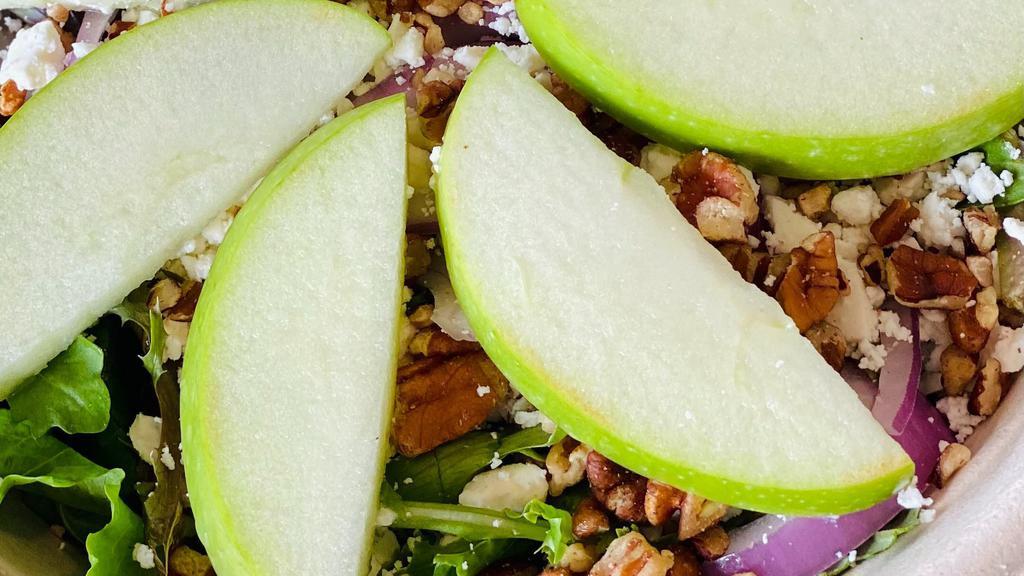 Peachtree House Salad · Arugula and field green blend with sliced apples,, basil, goat cheese, red onion and pecans.