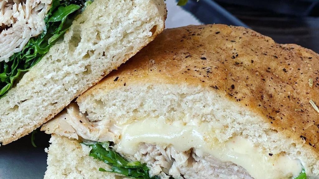 The Turkey · Slow roasted, house made turkey breast toasted on the griddle with provolone, arugula and Alabama white sauce on house made focaccia bread.