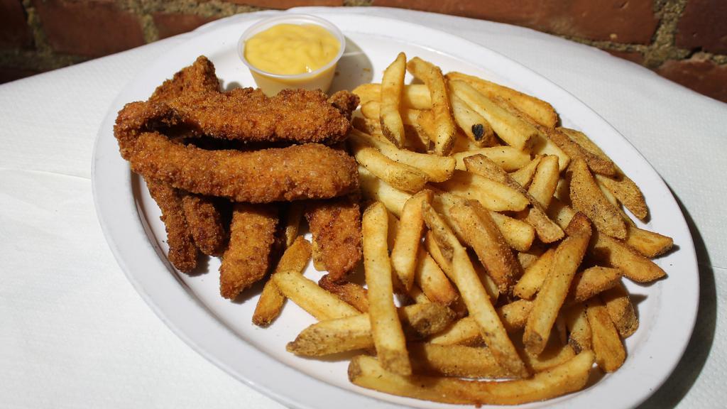 Chicken Tenders · With fries and honey mustard sauce on the side.