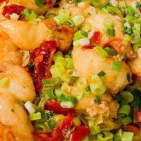 Ginger Scallion Shrimp · Dairy free, gluten free. Shrimp, baby corn, carrot and snap pea tossed in our ginger scallio...