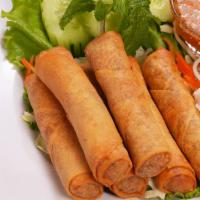 Spring Rolls (6 Pc) · Crispy deep-fried rolls filled with ground pork, onion, black fungus, taro, carrot, and glas...