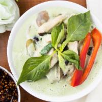 Green Curry · With coconut milk, eggplant, long beans, mushroom, and basil.