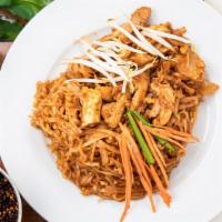 Pad Thai · Stir fried rice noodles with egg tofu, bean sprouts, carrot, and chives.