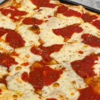 Sicilian · Thick pan pizza with mozzarella and tomato sauce.