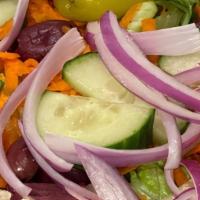 Garden · Romaine lettuce, carrots, onions, tomatoes, olives, cucumbers & pepperoncini with Italian dr...