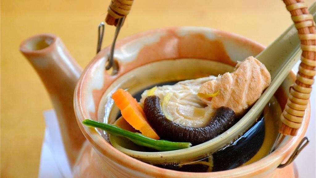 Dobin Mushi · Clear soup with salmon, chicken, and shiitake mushroom.
