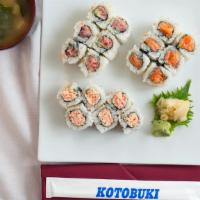 Spicy Roll Combination · Spicy. 18 pieces. Spicy tuna, spicy salmon and spicy crab stick rolls. Served with miso soup...