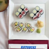 3 Roll Combination · 18 pieces. California, tuna, and cucumber rolls. Served with miso soup or salad.