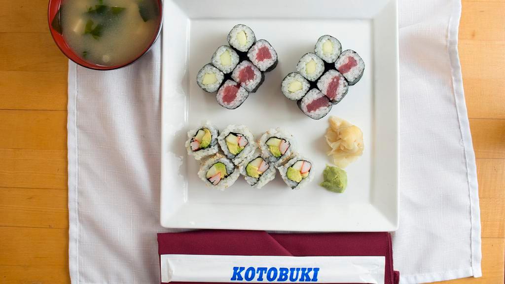 3 Roll Combination · 18 pieces. California, tuna, and cucumber rolls. Served with miso soup or salad.