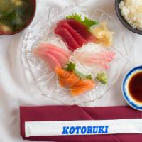 Sashimi Lunch · Three slices each of tuna, white fish, salmon, and yellow-tail served with a bowl of rice. S...