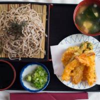 Tenzaru · Cold buckwheat noodle with tempura served with miso soup.