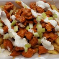 Buffalo Chicken Fries · French fries, Buffalo banging bites, celery and ranch or blue cheese.