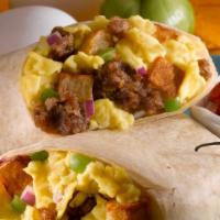 Meaty Breakfast Burrito · Scrambled eggs, bacon, sausage, ham, mushroom, breakfast potatoes and Monterey jack cheese w...