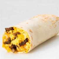 Philly Breakfast Burrito · Scrambled eggs, grilled steak, sautéed green peppers, onions, mushrooms, breakfast potatoes ...