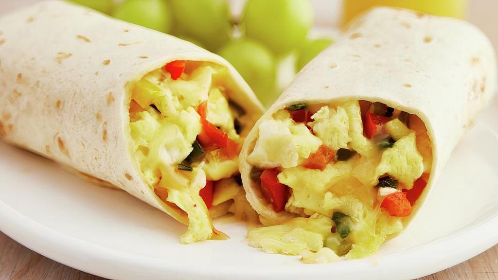 Pepper & Egg Breakfast Burrito · Scrambled eggs, sautéed green peppers, onions, breakfast potatoes and Monterey jack cheese wrapped in a warm flour tortilla.