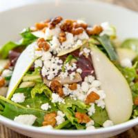 Mista Salad · Mixed field green, fennel, endive, goat cheese, pears, candied walnuts and balsamic vinaigre...