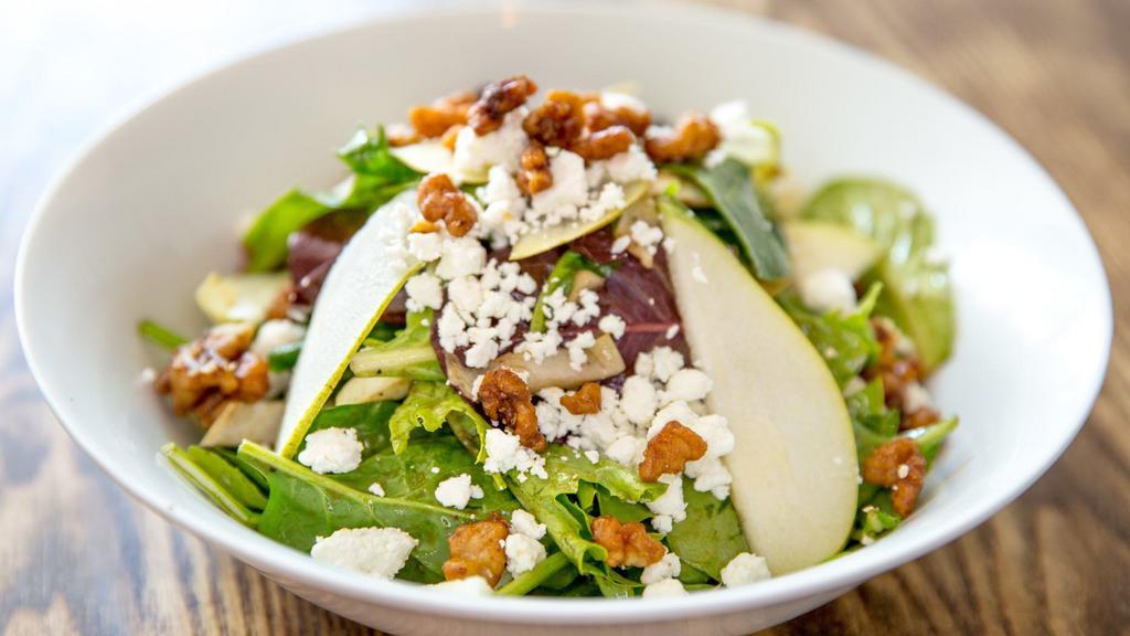 Mista Salad · Mixed field green, fennel, endive, goat cheese, pears, candied walnuts and balsamic vinaigrette.