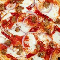 Salsiccia Pizza · Mozzarella, sweet Italian sausage, pepper, red sauce