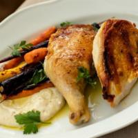 Pollo Al Forno · Oven roasted chicken, roasted carrots, mashed potatoes