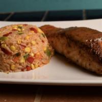 Salmon A La Plancha · pan grilled salmon topped with miso sauce, served with primavera rice