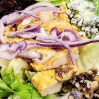 The Christine Salad · Mixed greens topped with grilled chicken, red onion, dried cranberries, crumbly blue cheese ...