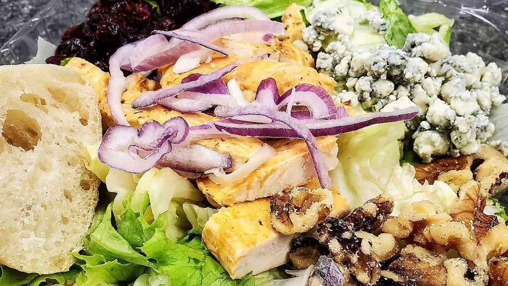 The Christine Salad · Mixed greens topped with grilled chicken, red onion, dried cranberries, crumbly blue cheese and walnuts.