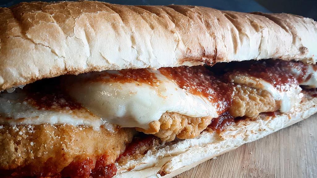 Chicken Parmesan - Whole Size · Breaded chicken cutlet, homemade marinara, melted provolone on a toasted sub roll roll.