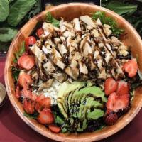 Strawberry & Goat Cheese · Field greens, baby spinach, fresh strawberries, crumbled goat cheese, candied walnuts and ba...