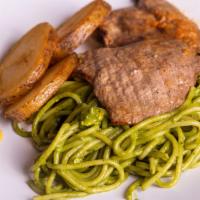 Tallarin Verde Con Bistek · Basil and spinach, spaghetti over sirloin steak, and golden potatoes.