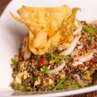 Chaufa De Quinoa Con Mariscos · Wok fried bi color quinoa with seafood veggies egg, oyster sauce, sunflower oil and fried ri...